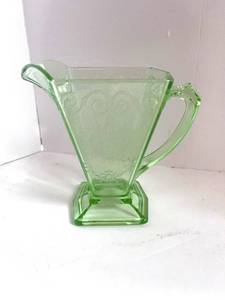 lot 41 image: 1920s Uranium Glass Indiana Glass Lorain Green Pitcher Basket Pattern. No chips or cracks