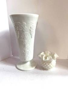 lot 50 image: Milk Glass Grape Pattern Vase and Hobnail Ruffled Dish