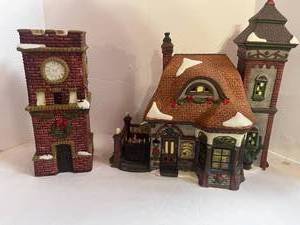 lot 51 image: Two Limited Edition 1990s Owell Christmas Village Buildings Clock Tower and East Side Souvenirs