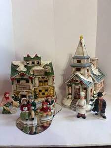 lot 56 image: 9 Piece Vintage Lefton Christmas Village Buildings and Figurines Antique Store and Church