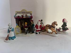 lot 57 image: 5 Unmarked Christmas Village Figurines Girl and Dog, Horse and Sleigh, Freds Winter Rental Etc.