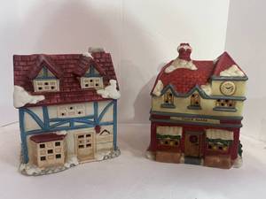lot 63 image: 2 Vintage Christmas Village Buildings Bakery and Clock Maker