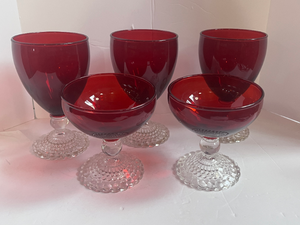 lot 68 image: 5 Anchor Hocking Ruby Red Bubble Foot Glasses