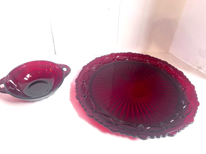 lot 70 image: Vintage Avon 1876 Cape Cod Ruby Red 10 Platter and Ruby Red Coronation Fruit Bowl