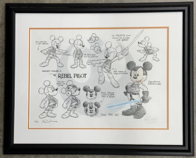 Disney Lucasfilm スターウォーズ　ジェダイ　ミッキー　直筆原画 Framed Matt Dewater Mickey Mouse Rebel Pilot Signed Star Wars Art