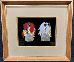 lot 52 image: Japanese Framed Artwork with Kabuki Figures Gold and Silver Art