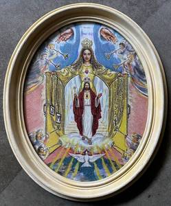 lot 62 image: Vintage Oval Framed Religious Glitter Art Our Lady of the Millennium by Anna May McCallum