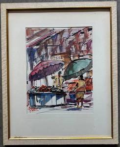 lot 65 image: Framed Original Watercolor Market Scene Signed by Artist
