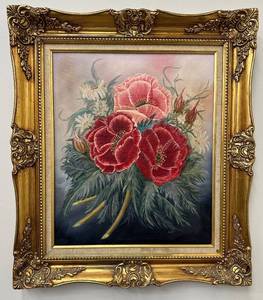 lot 72 image: Framed Pink & Red Poppies Oil Painting Signed Jody with Ornate Gold Frame
