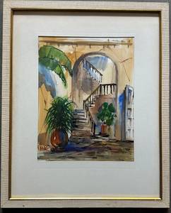 lot 97 image: Framed Watercolor Painting of Staircase and Plants, Signed