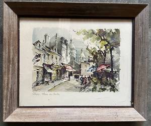lot 98 image: Framed Paris Place du Tertre Watercolor by F. Jelani