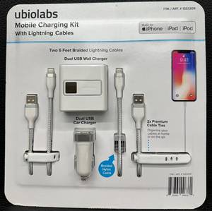 lot 101 image: Mobile Charging Kit with Dual USB Wall & Car Chargers and Braided Lightning Cables by Ubiolabs