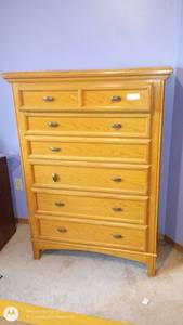 lot 8 image: Wooden 6-Drawer Tall Chest of Drawers with Brass Handles