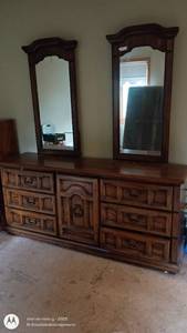 lot 12 image: Large Wooden Dresser with 2 Matching Mirrors and Brass Handles