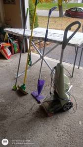 lot 27 image: Household Cleaning Set with Bissell QuickSteamer, Brooms, Mop, and Ironing Board