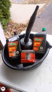 lot 34 image: OReilly Motor Oil and MicroGard Oil Filter Set with Funnel and Drain Pan