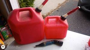 lot 44 image: Set of 2 Red Plastic Gasoline Cans with Spouts
