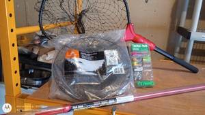 lot 50 image: Fishing Gear Lot with Fish-Ease 12ft Pole, Net, Tackle Pack, and Line
