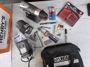 lot 65 image: Hyundai Tool Bag with Corded Drill, Jigsaw, Drill Bits, and Accessories