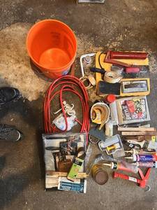 lot 66 image: Large Assortment of Hand Tools, Caulking, Brushes, Bucket and Garage Supplies