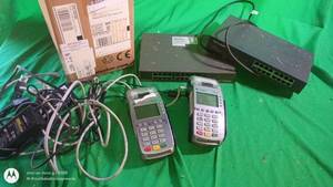 lot 138 image: Lot of 2 VeriFone VX 520 Credit Card Terminals, 2 Network Switches, and Power Cables