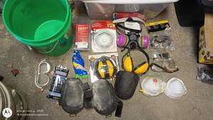 lot 208 image: Collection of Safety Gear Including Respirators, Ear Protection, Goggles, and Knee Pads