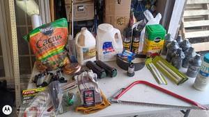 lot 209 image: Garden Tool and Supply Lot with Gloves, Saw, Pest Control, Plant Food, and Soil