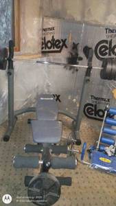 lot 216 image: Weight Bench with Barbell, Weight Plates, and Dumbbells