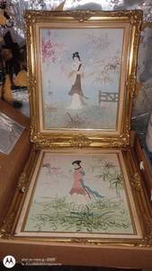 lot 222 image: Pair of Framed Asian-Inspired Artwork Prints with Ornate Gold Frames