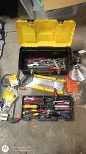 lot 232 image: Toolbox with Assorted Hand Tools, Screwdriver Set, Clamps, and Work Light