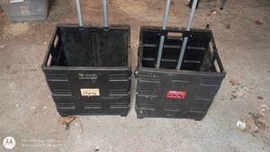 lot 235 image: Pair of Rolling Plastic Storage Crates with Telescoping Handles