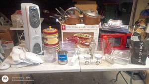 lot 237 image: Large Kitchenware Collection with Bakeware, Cookware, Food Slicer and Microwave