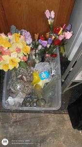 lot 241 image: Large Bin of Artificial Flowers, Decorative Glassware, and Home Decor Accents
