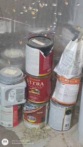 lot 261 image: Group of Open and Partial Paint Cans and Stain Containers