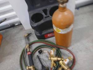lot 1042 image: Commercial Tool and Equipment Lot including Oxy-Acetylene Kit, Masterforce Guide Rails, Digital Pressure Cooker, and Dowox Cordless Tool Set