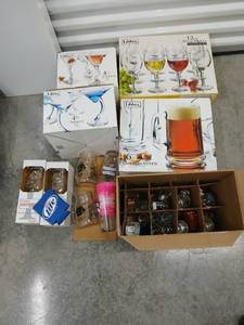lot 1061 image: Collection of Glassware Including Libbey Stemware, Beer Mugs, Mason Jars, and Shot Glasses