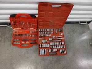 lot 1064 image: 2 Piece Socket and Drill Bit Set with Ratchets in Red Cases