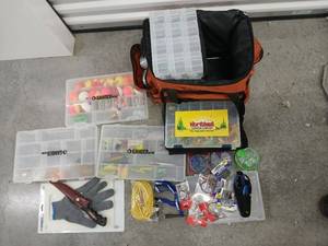 lot 1066 image: Fishing Tackle Bag with Assorted Gear, Tackle Boxes, and Accessories
