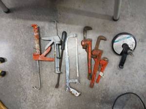 lot 1069 image: Collection of Hand Tools including Pipe Wrenches, Hacksaw, and Magnetic Pick-Up Tool
