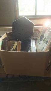 lot 139 image: Pallet Lot of Garden Accessories Box with Tumbling Composter, Power Blaster, Glass Table, and Plant Supplies