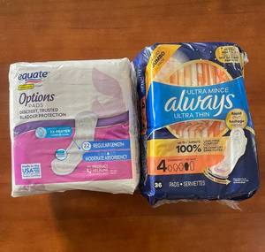 lot 305 image: Lot of 2 Packs of Feminine Pads Always Ultra Thin and Equate Options