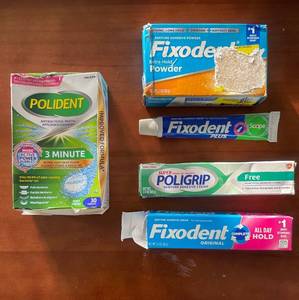 lot 329 image: Assorted Denture Care Lot Polident Tablets, Fixodent Adhesives, Super Poligrip