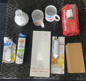 lot 399 image: Kitchen Essentials Lot with AeroPress, Mugs, Storage Jar, and Utensils