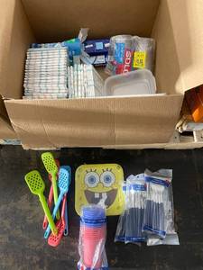 lot 406 image: Kitchen and Party Supplies Assortment Including Diapers, Utensils, Cups, and Containers