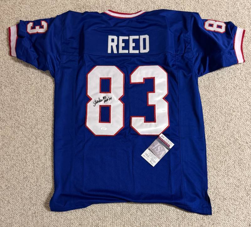 lot 9A image: Andre Reed Bills Signed Custom NFL Jersey Inscribed HOF 14 XL (JSA)