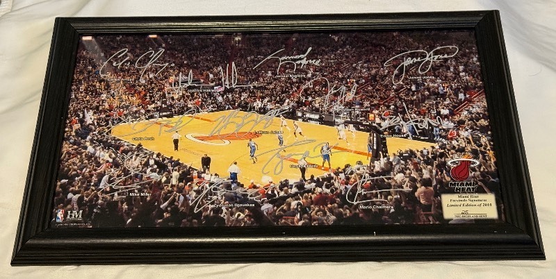 lot 114A image: Miami Heat 2010 Signature Court Facsimile LeBron James Basketball 19.5x12 Framed Piece