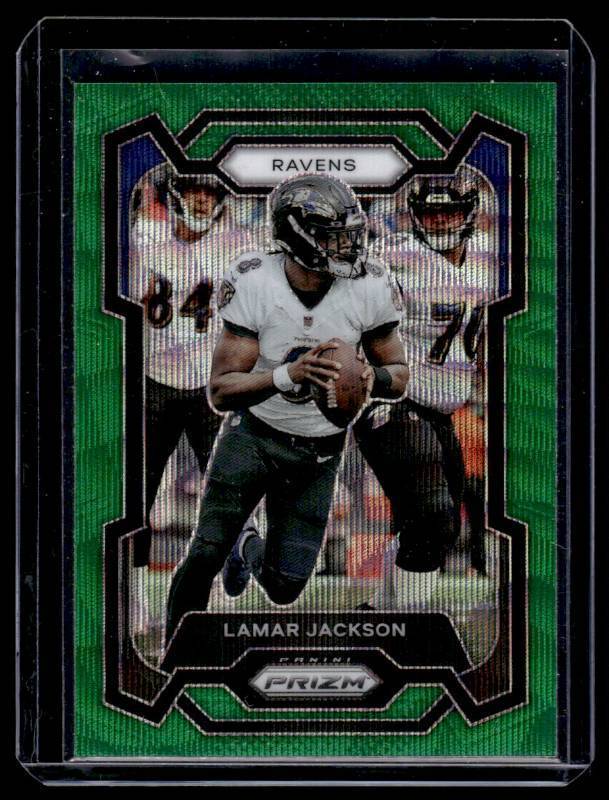 lot 190 image: Lamar Jackson   2023 Panini Prizm Green #18 Baltimore Ravens Football Card