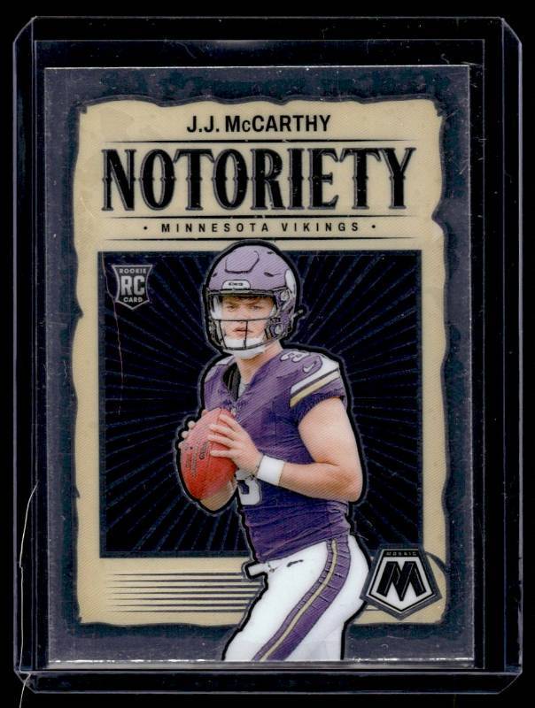 lot 194 image: J.J. McCarthy RC  2024 Panini Mosaic Notoriety #21 Minnesota Vikings Football Card