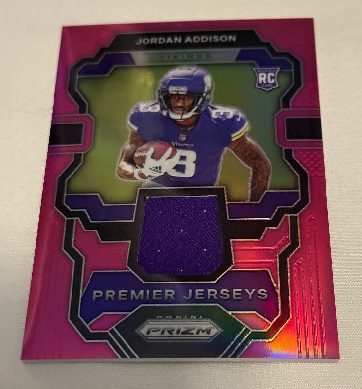 lot 75A image: Jordan Addison  RC Relic Pink Prizm 2023 Premier Jerseys #PJ-JA Rookie Minnesota Vikings Footbal Card