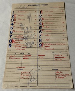 lot 10 image: Minnesota Twins Team Signed August 28, 1992 Lineup Card - Autos From Gagne, Davis, Mach, Harper, Hrbek, Webster, Munoz, Reboulet, Leius, Edens, Willis, and Kelly
